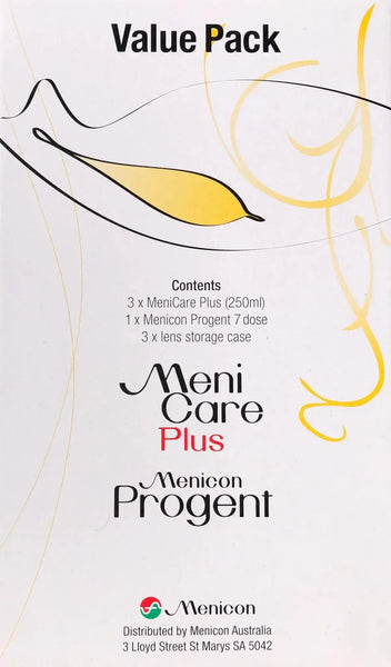 Menicon Value Pack for contact lens care, includes 3 x MeniCare Plus, 1 x Progent, and 3 lens storage cases.