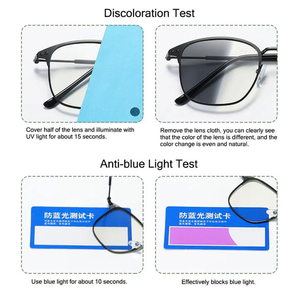 Blue light blocking glasses - Photochromic/transitions glasses from clear to dark. Two in one glasses and sunglasses.