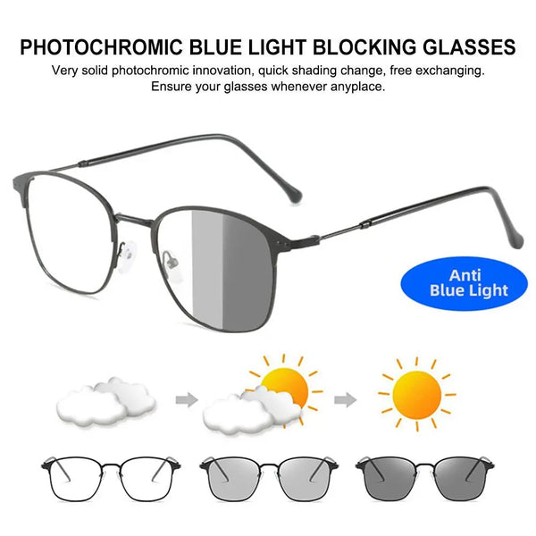 Blue light blocking glasses - Photochromic/transitions glasses from clear to dark. Two in one glasses and sunglasses.